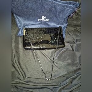Swarovski Black Patent Geometric Clutch with Chain Strap
